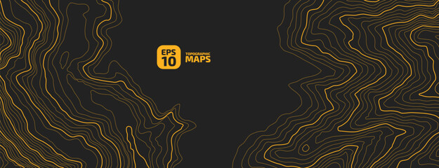 The stylized height of the topographic map contour in lines and contours. The concept of a conditional geography scheme and the terrain path. Yellow lines on a dark background. Vector illustration.