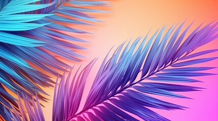 Vibrant Tropical Palm Leaves in Holographic Neon Colors. Minimal Surrealism Concept Art Background.