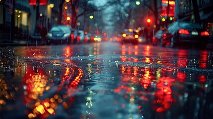 Fototapeta premium Wet Street With Red and Blue Lights