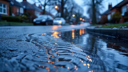 Fototapeta premium Car Driving Down Rain-Soaked Street at Night