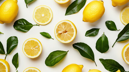 Juicy ripe flying yellow lemons, green leaves on light gray background. Creative food concept. Tropical organic fruit citrus vitamin C. Lemon slices Summer minimalistic bright fruit background Pattern