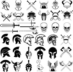 Set of ancient weapon, helmets, swords and design elements. Design elements for logo, label, emblem, sign, badge .Vector illustration.