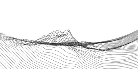 Abstract wireframe background. 3D grid technology illustration landscape. Digital Terrain Cyberspace in the Mountains, valleys. Non-intersecting parallel straight line segments. Black on White. Vector