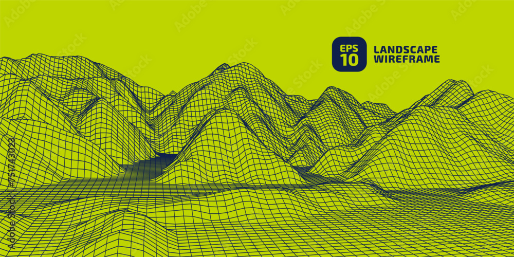 Aufkleber abstract wireframe background. 3d grid technology illustration landscape. blue thin lines on green b