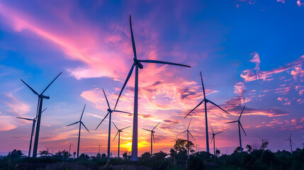 Fototapeta premium Wind power plants at sunset