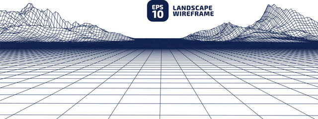 Abstract CG wireframe background. Earth 3d area. 3D grid technology illustration landscape. Digital Terrain Cyberspace in the Mountains with valleys. Blue strock on white colors. Data Array. Vector.