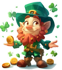 a Leprechaun smiling with his gold coins/shamrocks in a front view, square PNG, in a St. Patrick's Day-themed, isolated, and transparent cartoon illustration. Generative ai