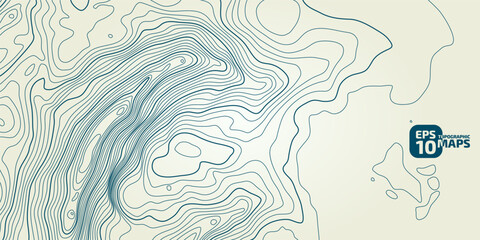 The stylized height of the topographic contour in lines and contours. Сoncept of a conditional geography scheme and the terrain path. Blue stroke on green background. Wide size. Vector illustration.