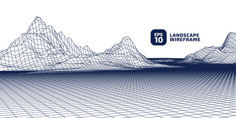 Abstract CG wireframe background. Earth 3d area. 3D grid technology illustration landscape. Digital Terrain Cyberspace in the Mountains with valleys. Blue strock on white colors. Data Array. Vector.
