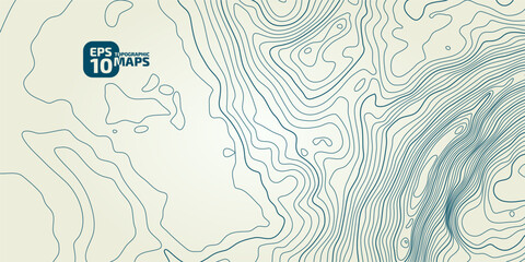 The stylized height of the topographic contour in lines and contours. Сoncept of a conditional geography scheme and the terrain path. Blue stroke on green background. Wide size. Vector illustration.