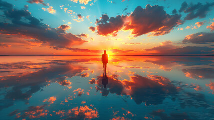 Silhouette walking on the calm water of the lake Elton, the biggest salt lake in Europe, with amazing mirror reflections of sky and clouds, Russia, Volgograd oblast.