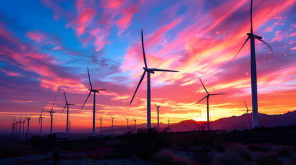 Wind power plants at sunset