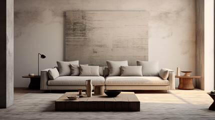 A unique living room with textured walls and a mix of classic and modern decor, featuring a grey sofa and a white side table