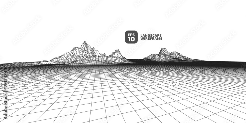 Aufkleber abstract wireframe background. 3d grid technology illustration landscape. black thin lines on a whit