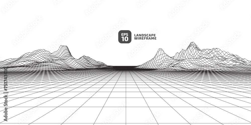 Aufkleber abstract wireframe background. 3d grid technology illustration landscape. black thin lines on a whit