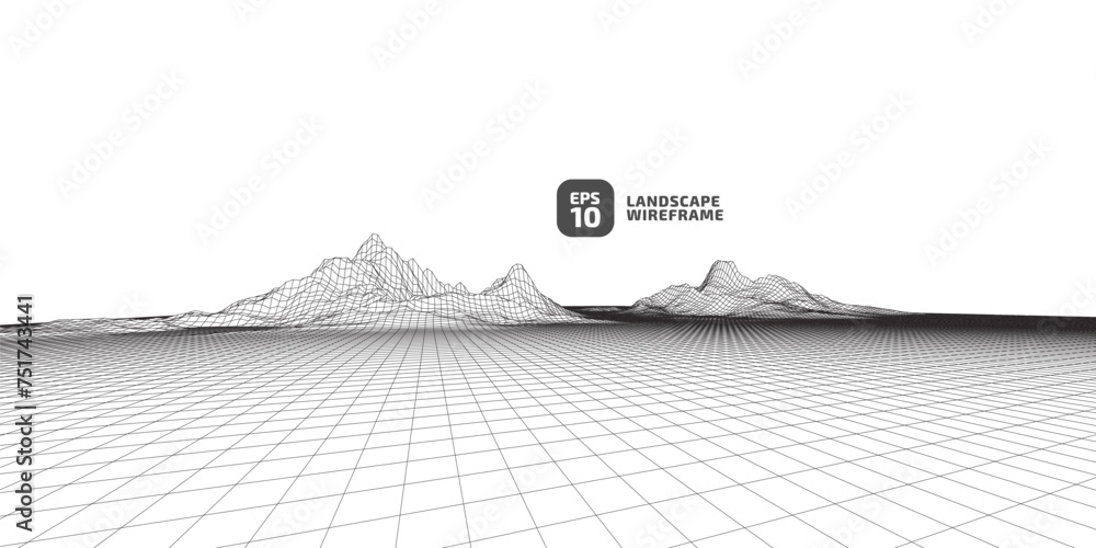 Aufkleber abstract wireframe background. 3d grid technology illustration landscape. black thin lines on a whit