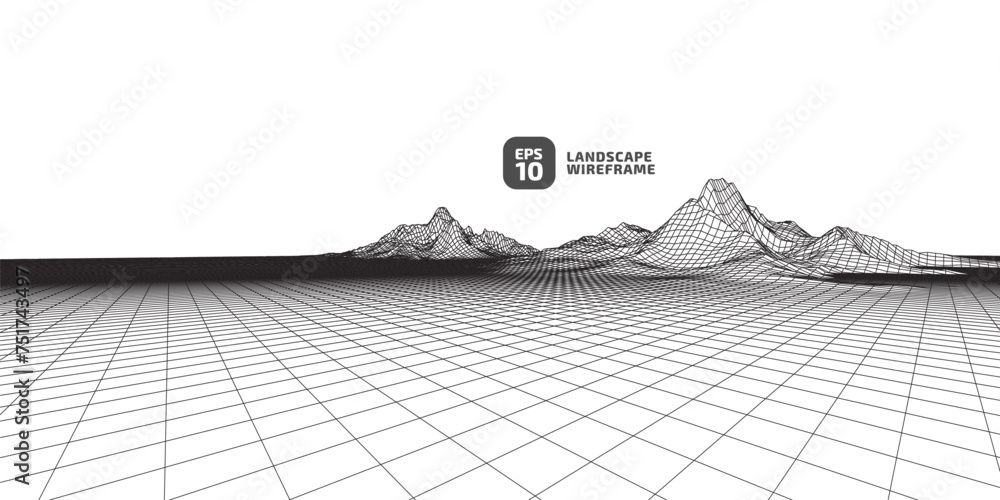 Aufkleber abstract wireframe background. 3d grid technology illustration landscape. black thin lines on a whit