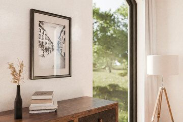 wooden rustic dresser wardrobe standing in room corner; bright daylight shining  from large window; empty mock up poster frame standing on furniture; home decoration desing; 3D rendering