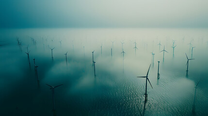 Aerial view of wind power plants on the coast