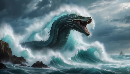 Tuinposter Sea dragon towering waves, se monster, mythical dragon © Armand