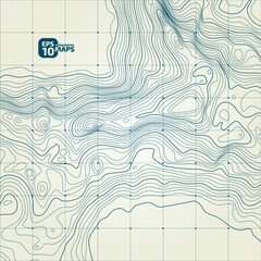 Stylized height of the topographic contour in lines and contours. Сoncept of a conditional geography scheme and the terrain path. Blue stroke on yellow background. 1x1 size. Vector illustration.
