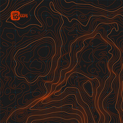 The stylized height of the topographic contour in lines and contours. Conditional geography scheme and the terrain path. 1x1 ratio size side. Orange lines on brown background. Vector illustration.