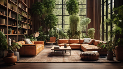 A unique living room with a Biophilic design, featuring warm wood tones, natural hues, and lush plants 