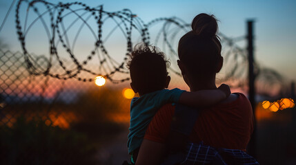 Silhouettes of a Latino Woman and Child at the Border. Emigration Crisis on the Mexico-America Border. Immigration Theme. - obrazy, fototapety, plakaty