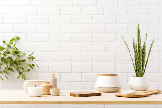 Houseplant in flowerpot displayed on wooden table with candles and chopping board in front of white brick wall background. High quality photo
