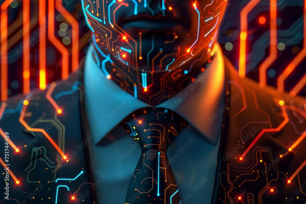 Poster businessman on abstract circuit background with copy space. computing and engineering concept. doubl