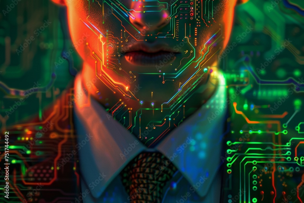 Poster businessman on abstract circuit background with copy space. computing and engineering concept. doubl