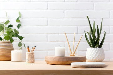 Wooden table with aroma sticks, candles and houseplant in front of white brick wall background. High quality photo
