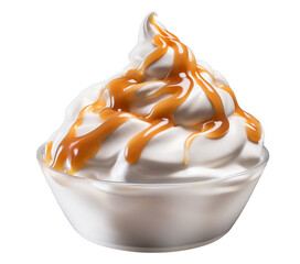 Whipped cream drizzled with caramel topping isolated on a transparent background.