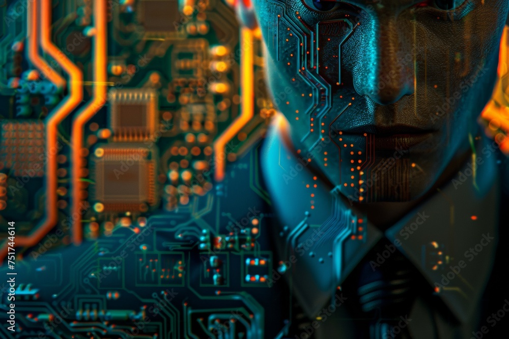 Poster businessman on abstract circuit background with copy space. computing and engineering concept. doubl