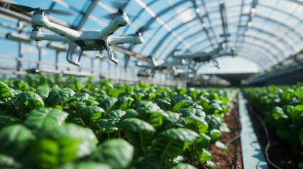 A high-tech drone flies inside a large greenhouse, monitoring the healthy green plants for precision agriculture
