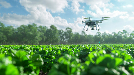 Single drone technology in use over a vibrant green crop field showcases the blend of nature and modern farming