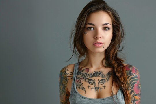young woman in tattoos close-up portrait Generative AI