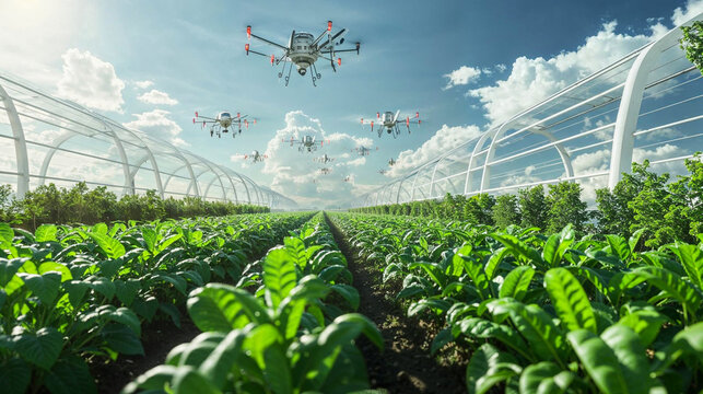 Advanced agriculture concept showing drones flying above lush green plants in a high-tech greenhouse farming