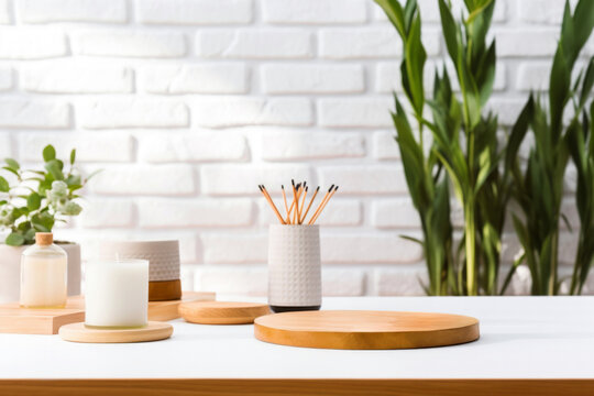 Wooden table with a candle, aroma sticks, and potted plants in front of white brick wall background. High quality photo