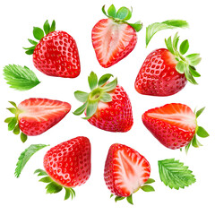 Set of ripe juicy strawberries, some of them cut, laid out in a circle, isolated on a transparent background.