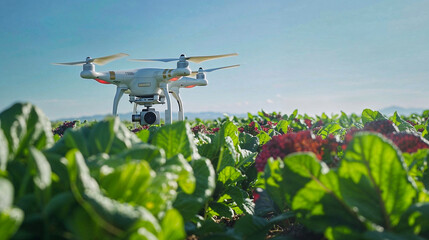 Drone technology in precision agriculture capturing footage over lush crops in rural landscape, innovation in farming practices