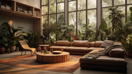 A unique living room with a Biophilic design, featuring earthy colors, natural textures, and an abundance of plants