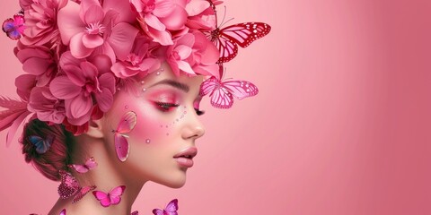 young woman with   butterflies close-up portrait pink background Generative AI