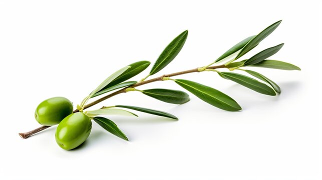 A green olive branch photographed against a white backdrop, isolated.