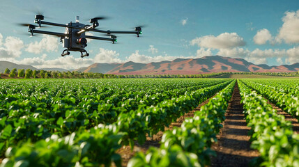 A drone surveys the vibrant green rows of crops in a scenic agricultural landscape with distant hills