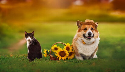 fluffy friends kitten and puppy are sitting on the lawn with a basket of yellow sunflowers