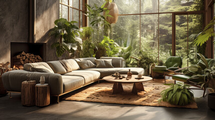 A unique living room with a Biophilic design, featuring earthy colors, natural textures, and an abundance of plants