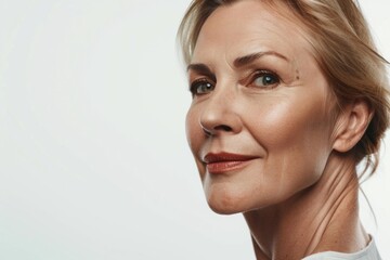 woman fifty years old on a white background close-up Generative AI