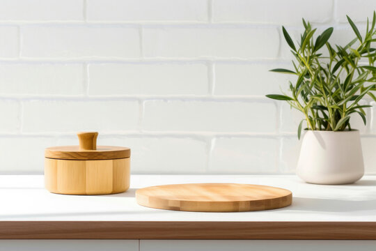 Wooden product stand, potted plant and storage on white table in front of white brick wall. High quality photo