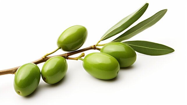 A green olive branch photographed against a white backdrop, isolated.
